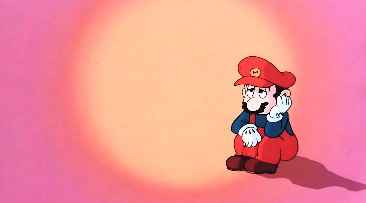 un Mario très triste et fatigué, assis par terre et qui se tient la tête d'une main l'air pensif